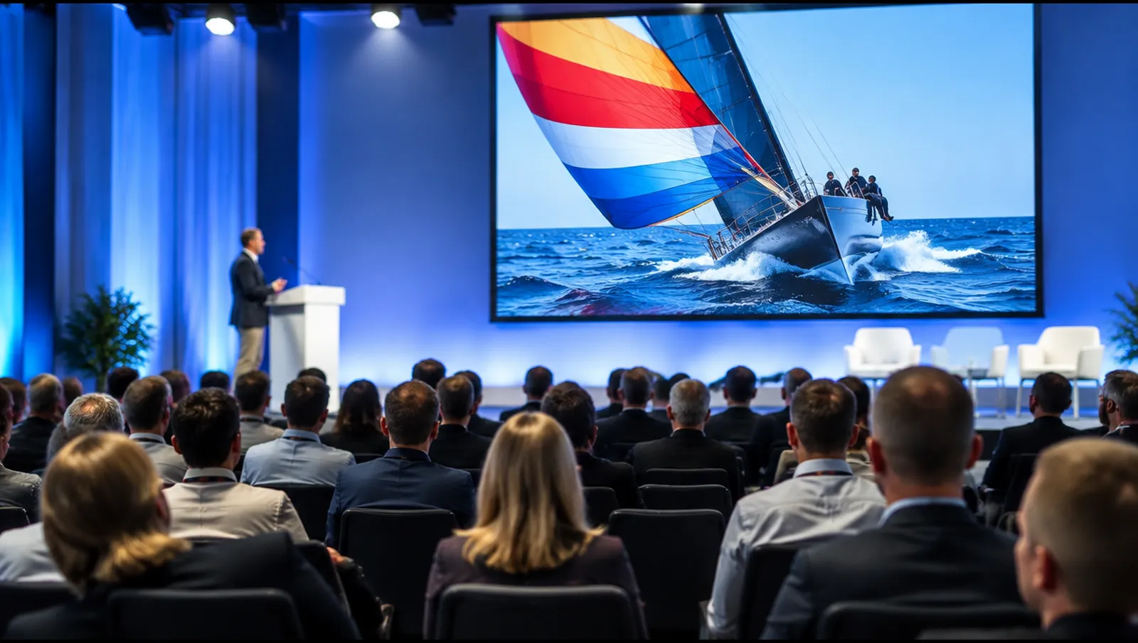 Sala de conferencias con escenario y pantalla que muestra un velero de regatas con gennaker, Ámsterdam