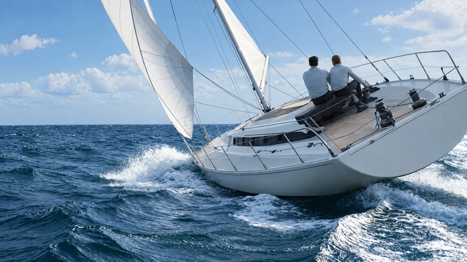 Velero escorado, con dos navegantes en la banda de barlovento