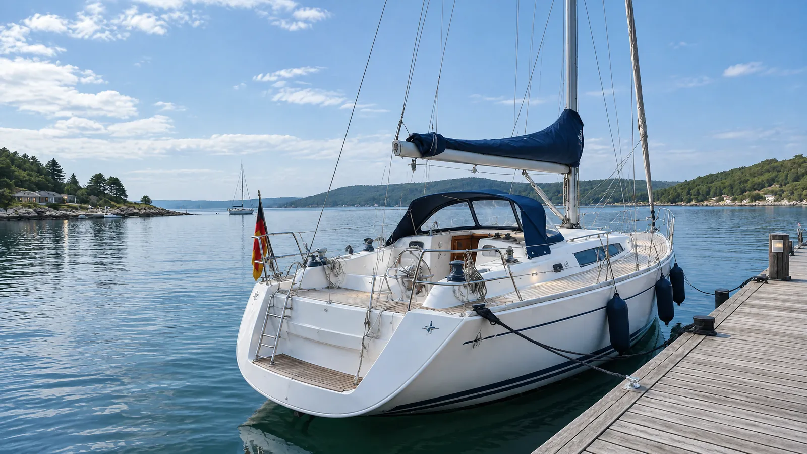 Velero amarrado a un muelle tras la puesta de sol, con las luces de la bañera encendidas