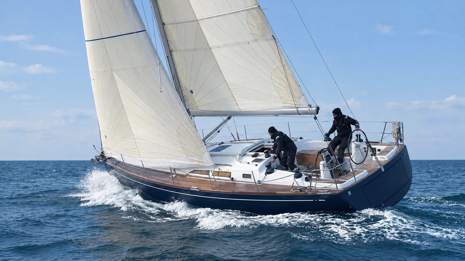 Velero a toda vela al anochecer, con dos tripulantes en cubierta