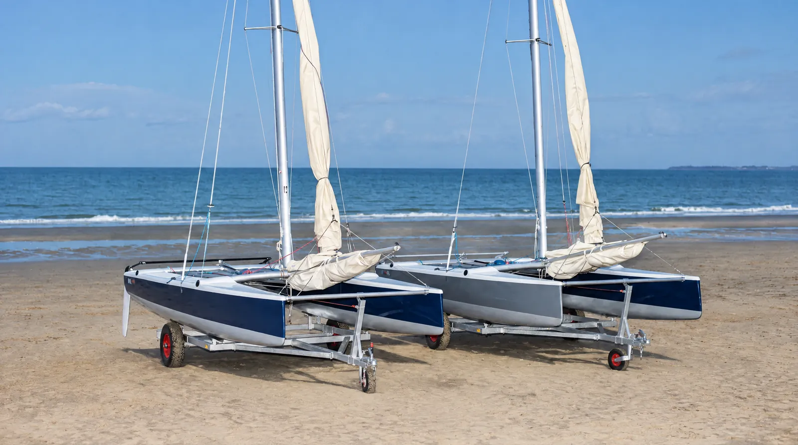 Dos catamaranes de playa sobre carros de varada en una playa de arena al anochecer