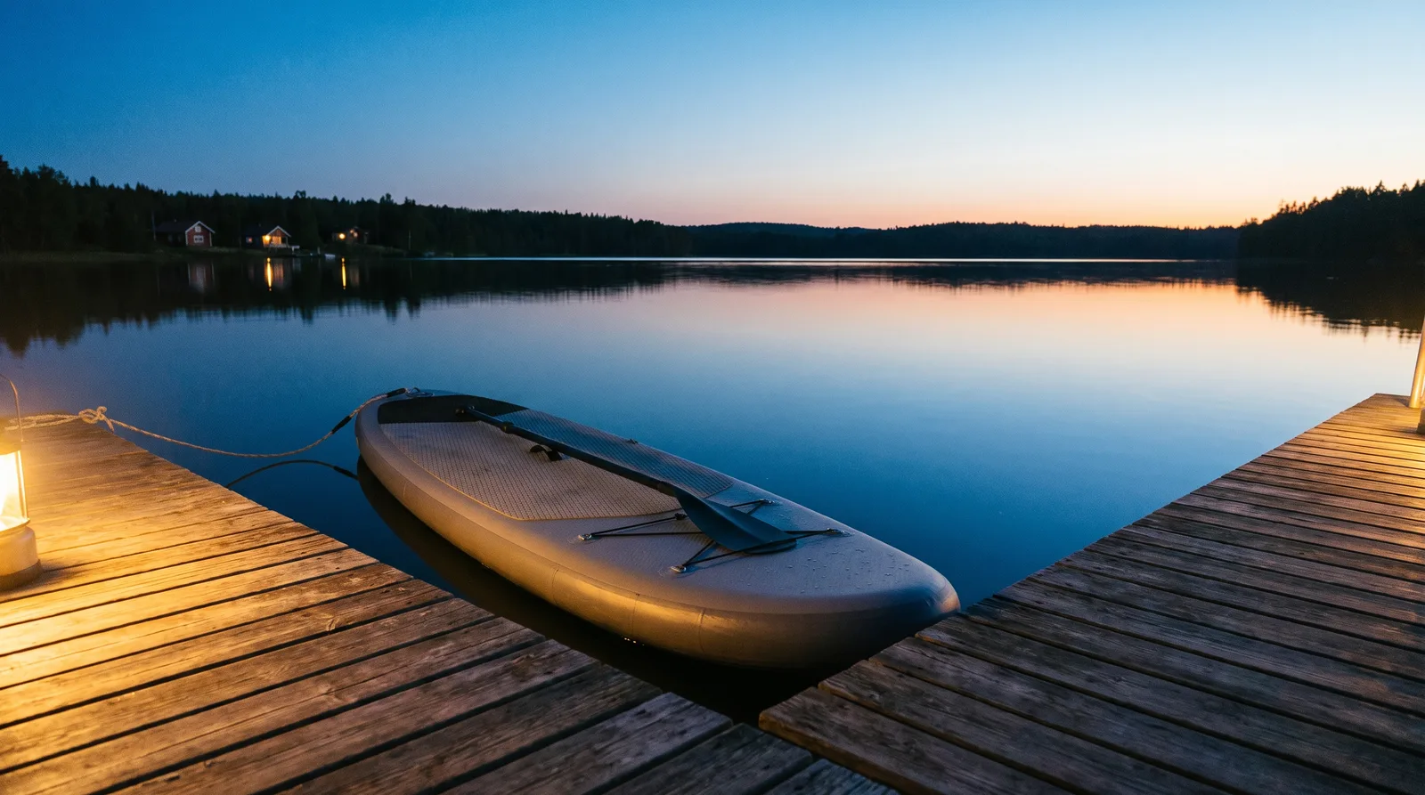 Tabla de paddle surf junto a un muelle de madera de un lago al anochecer