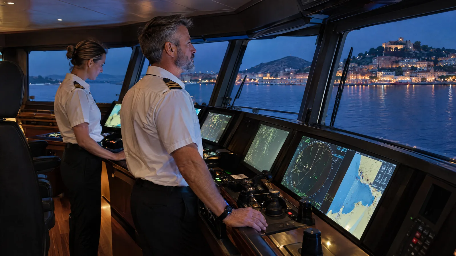 Capitán y primera oficial en el puente de un superyate en la hora azul
