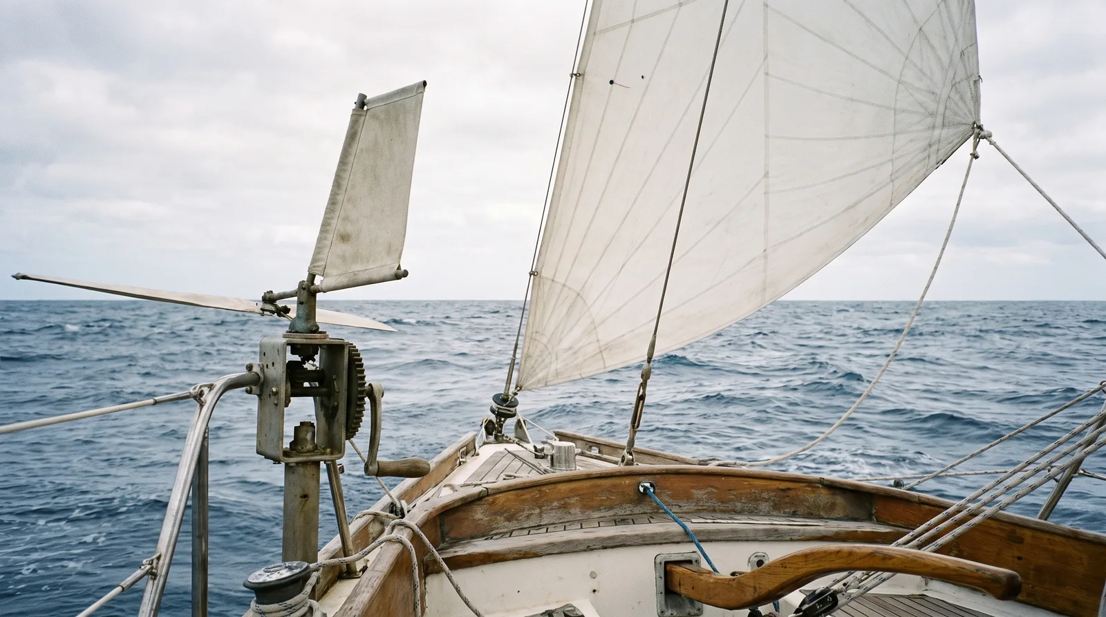 Velero de crucero con piloto de viento y génova tangonada en la mar de fondo atlántica