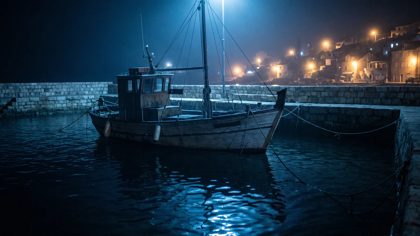 Un barco amarrado de noche en un puerto del sur, con luces cálidas en tierra