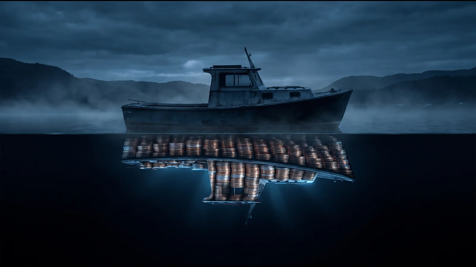 Barco sobre agua negra, su reflejo bajo la línea de flotación formado por monedas apiladas