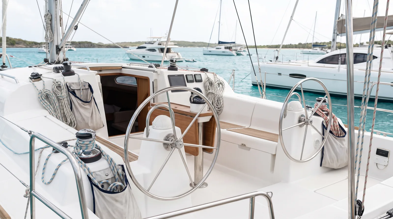Puesto de gobierno de un catamarán de chárter en una cala turquesa, listo para recibir a los clientes