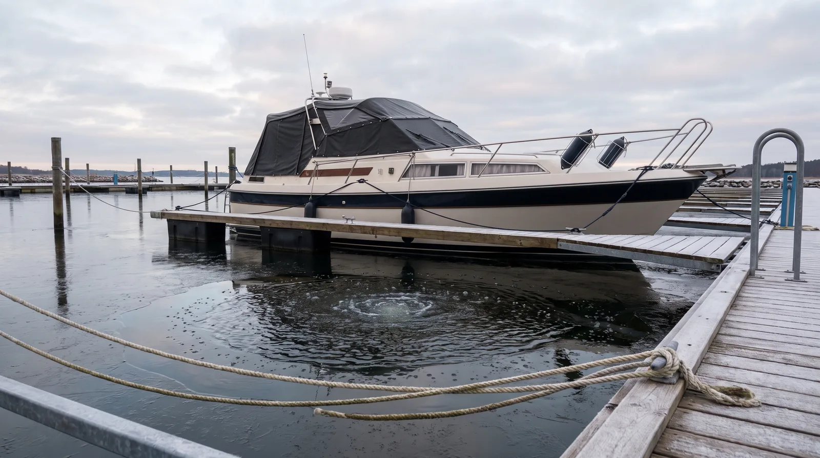 Lancha invernando a flote en un puerto deportivo con funda de invierno y agua helada alrededor