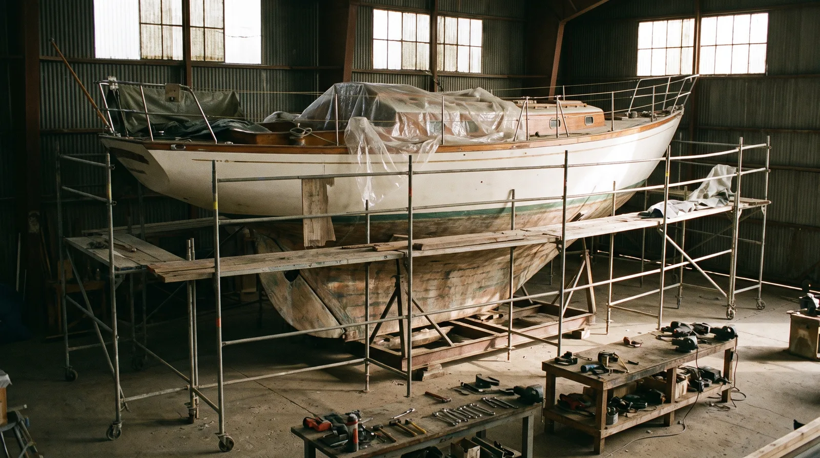 Velero sobre puntales dentro de la nave de un varadero, con andamios para el refit de invierno