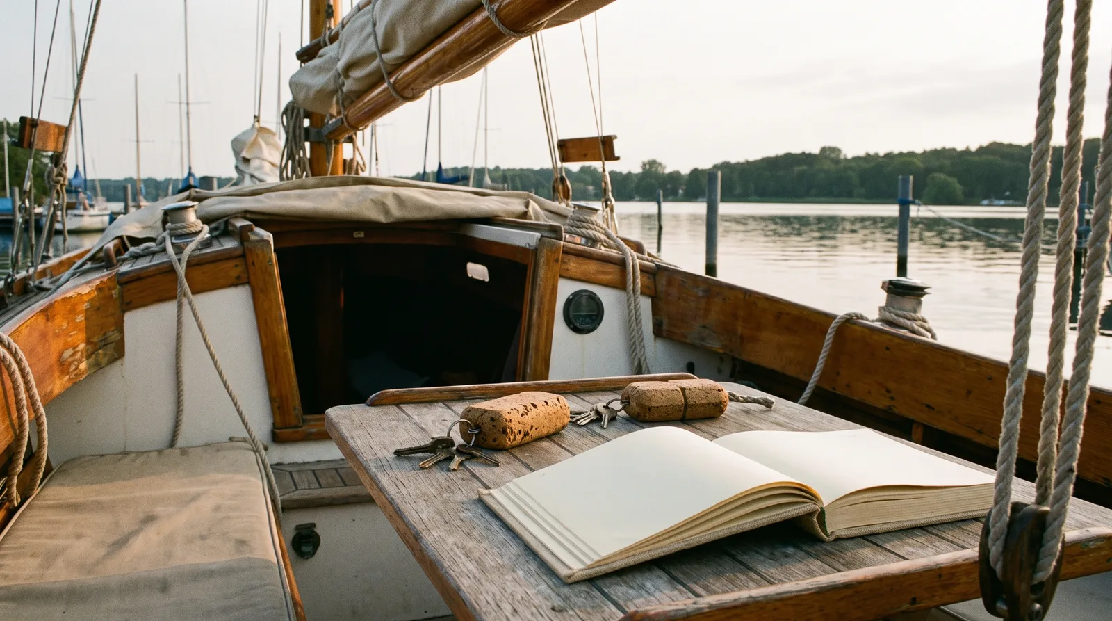 Velero en una boya con dos llaves del barco y el cuaderno de bitácora sobre la mesa de la bañera