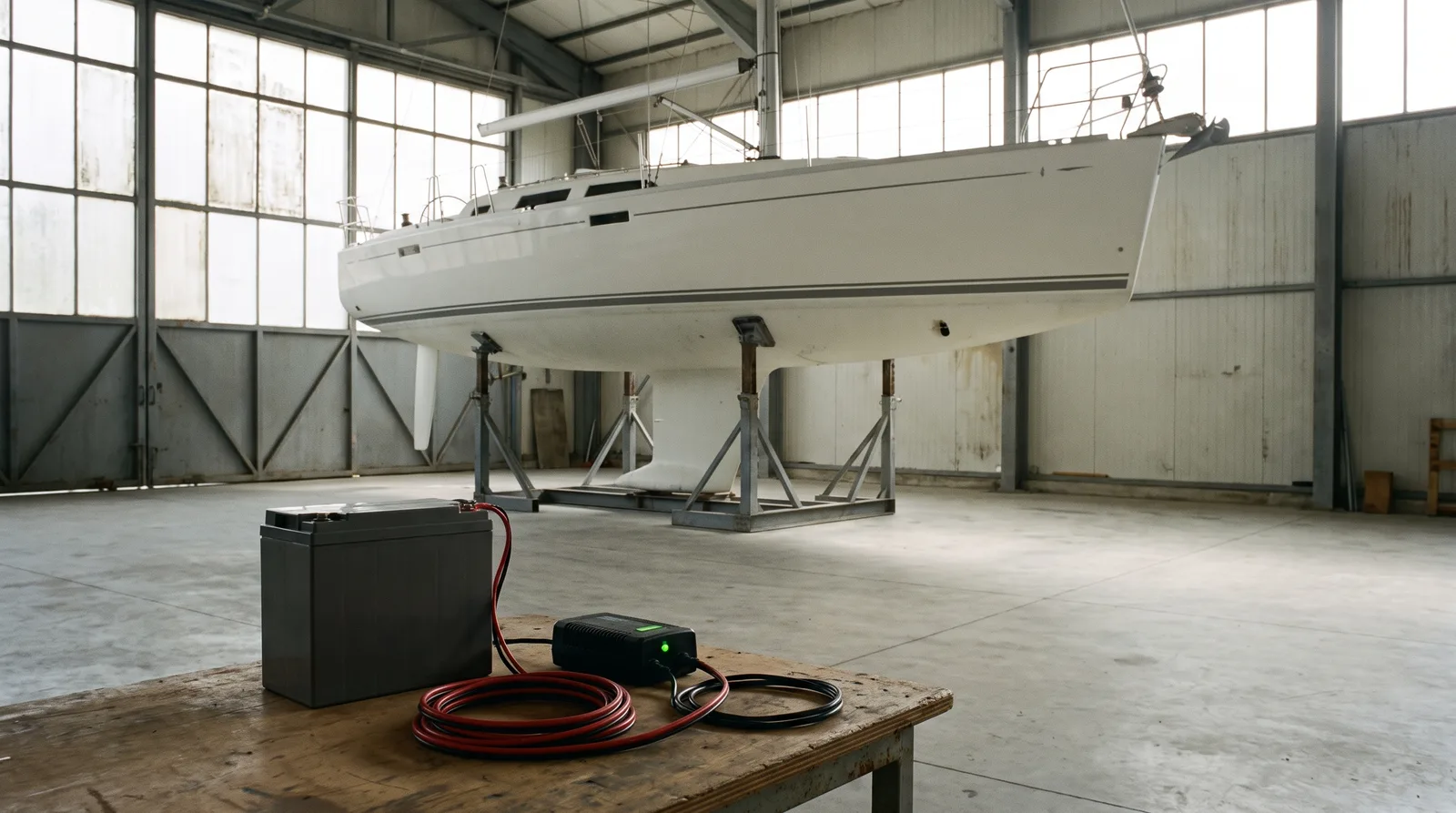 Batería con cargador sobre un banco de trabajo en una nave de invernada, con un velero varado al fondo