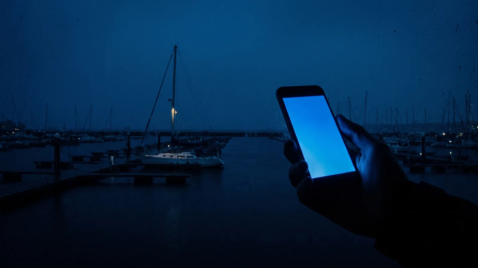 Un barco solo en un puerto lejano de noche, en primer plano la pantalla encendida de un teléfono