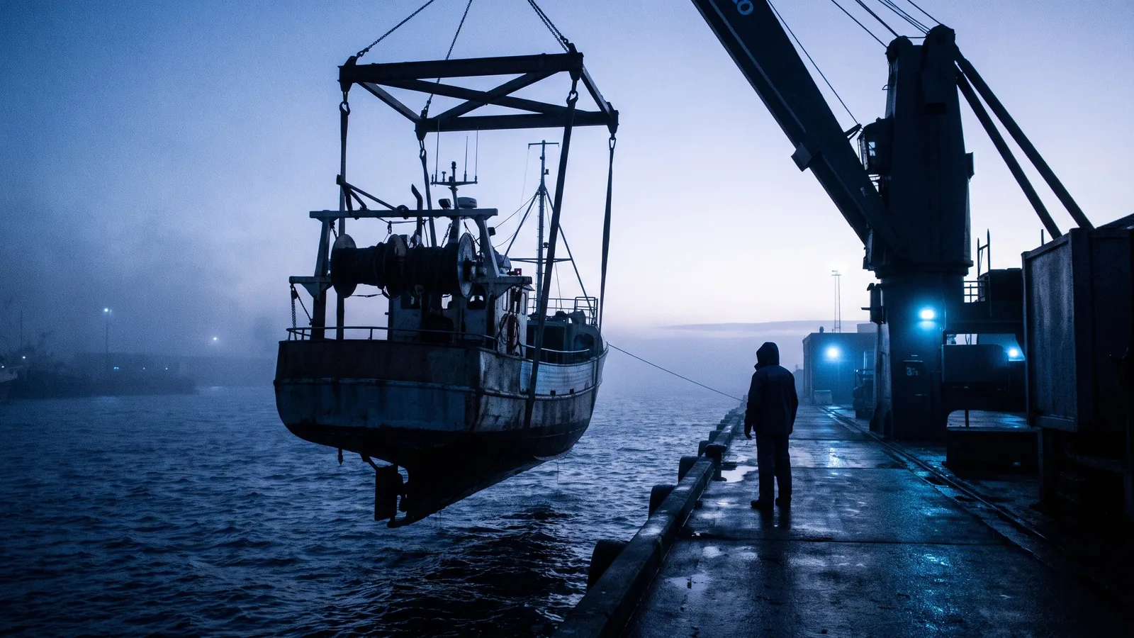 Una embarcación desciende con eslingas hacia el agua al amanecer