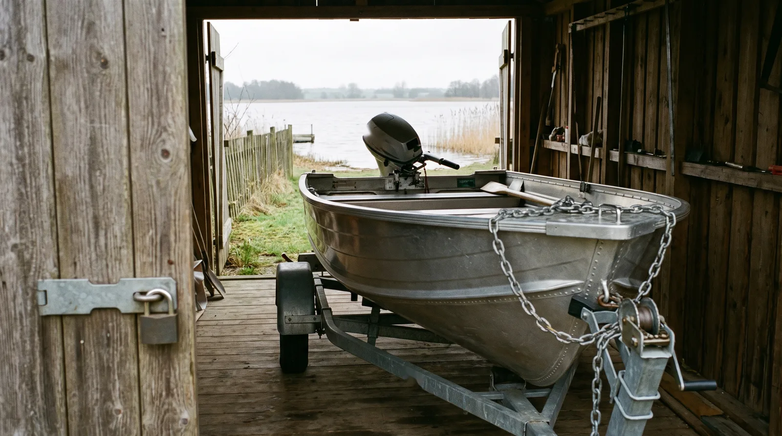 Barco de aluminio bien cuidado sobre su remolque en una caseta de madera junto a un lago, con pasador y candado en la puerta