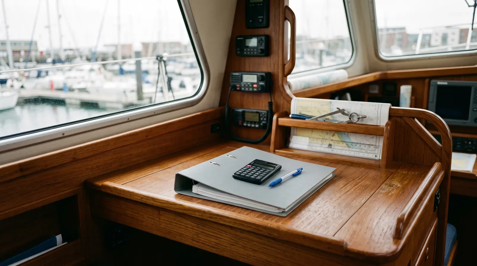 Una carpeta gris, una calculadora y un bolígrafo sobre la mesa de cartas de un velero, con el puerto al otro lado de la ventana