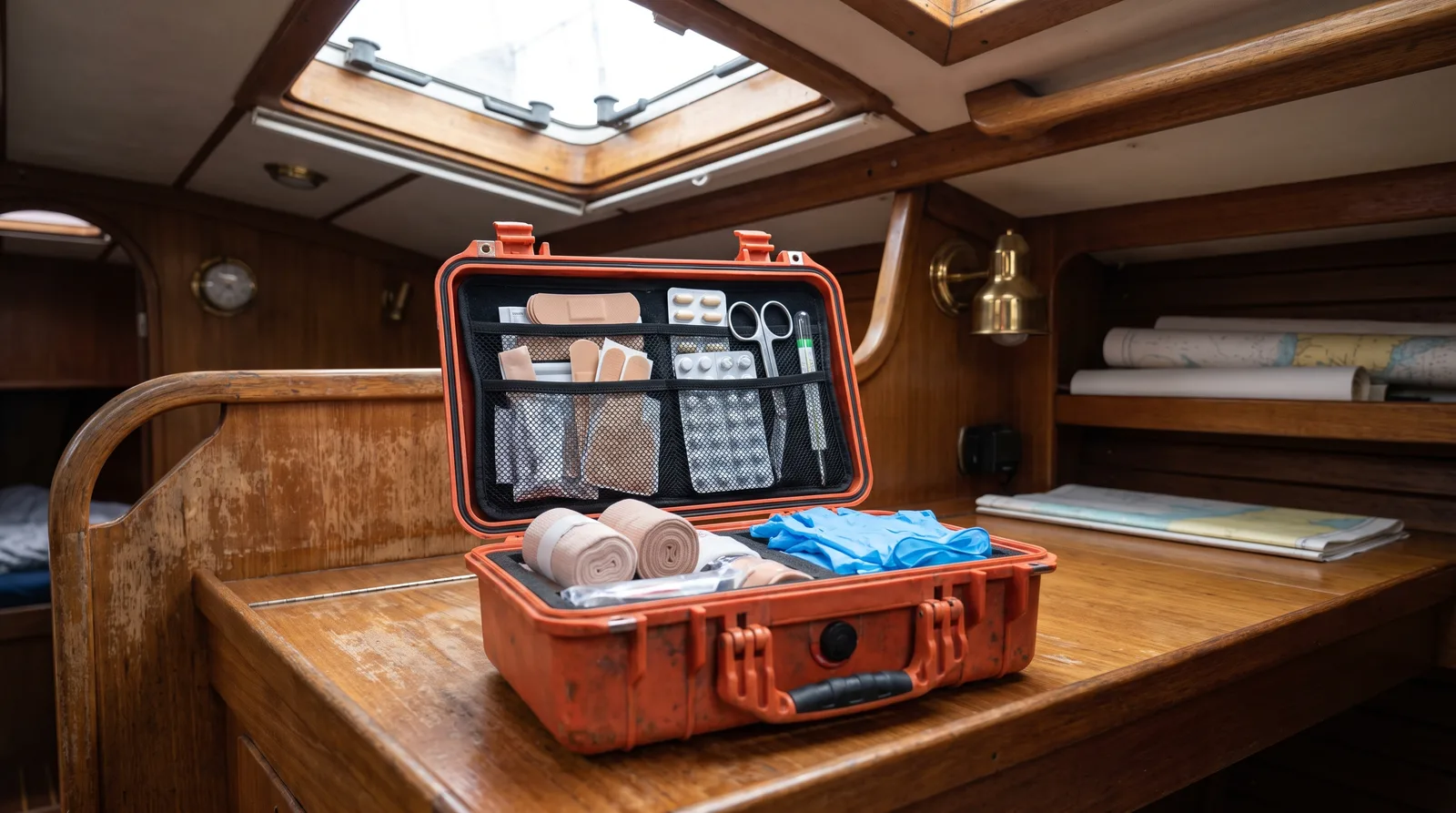 Botiquín abierto con vendas y apósitos sobre la mesa de cartas de un velero