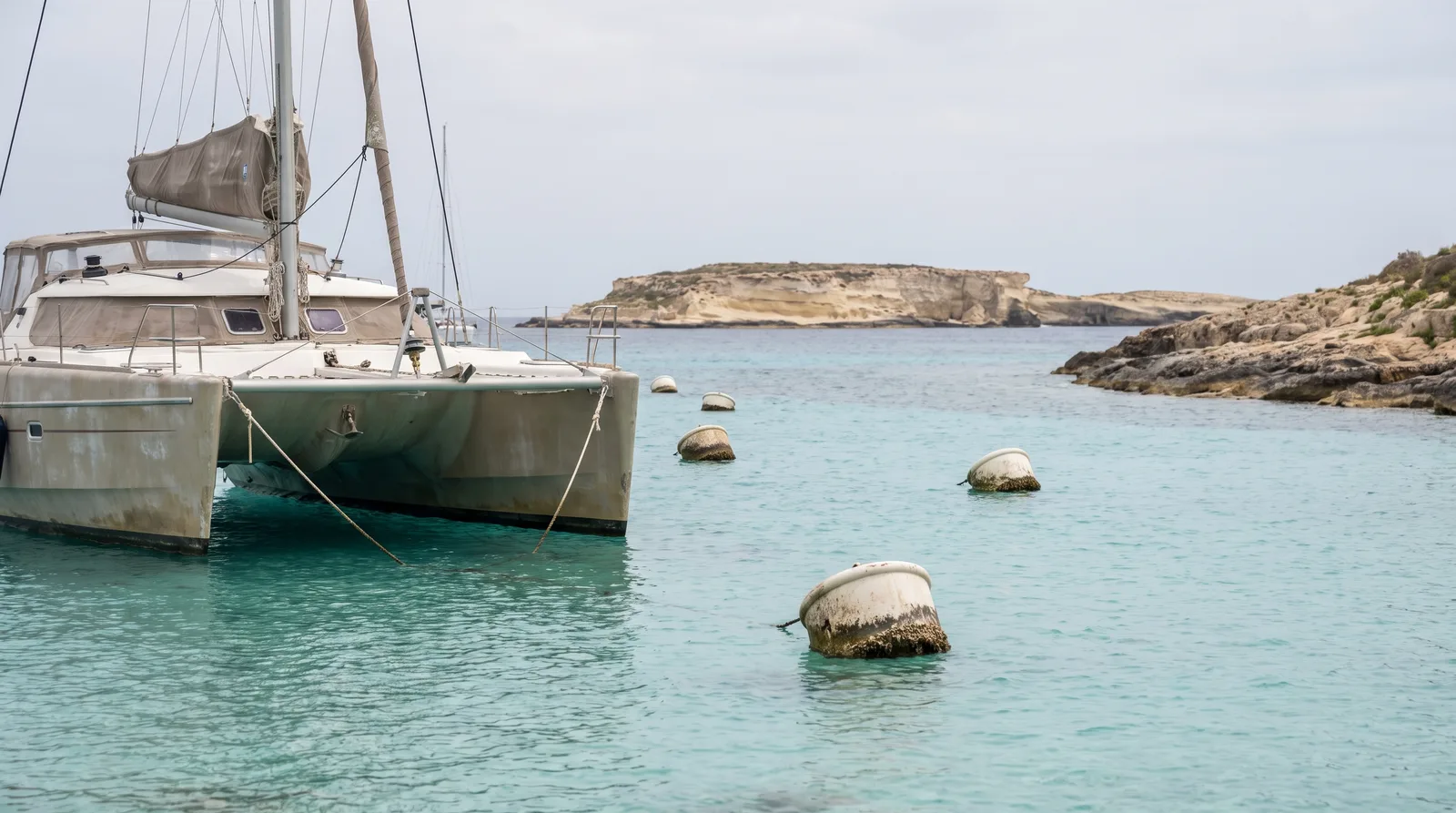 Catamarán en un campo de boyas en agua turquesa y clara frente a una isla baja de piedra caliza clara