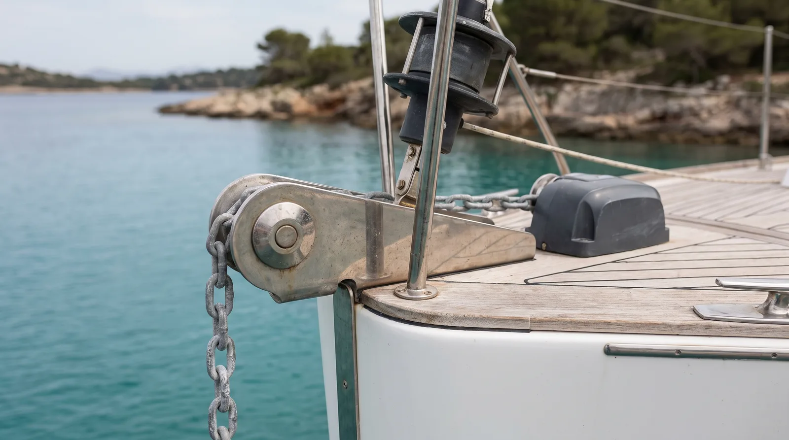 Proa de un velero con el rodillo de ancla de acero inoxidable vacío y el molinete eléctrico ante una cala de agua turquesa