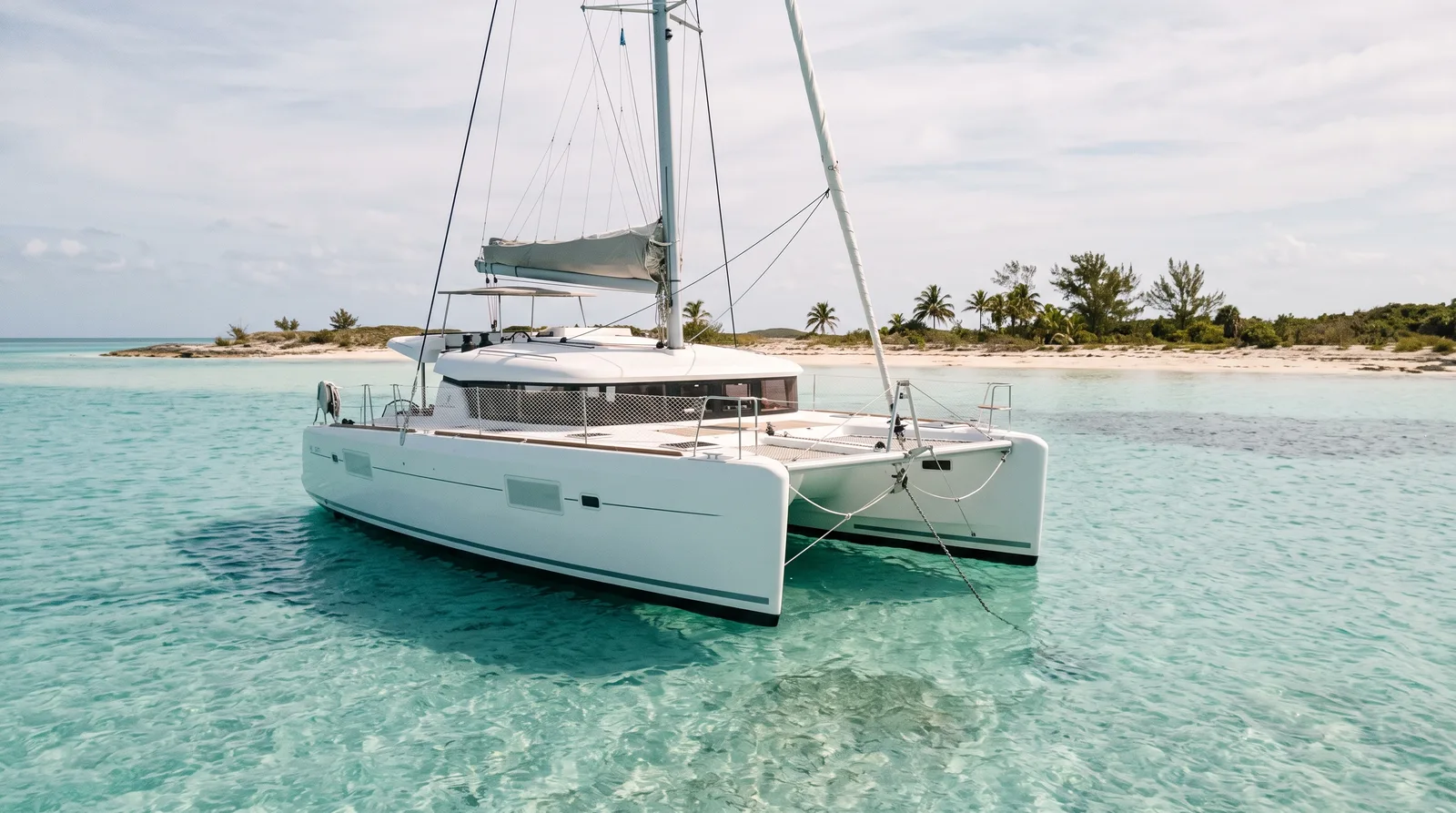 Catamarán de vela cuidado fondeado en agua turquesa muy poco profunda sobre arena clara frente a un cayo bajo con palmeras