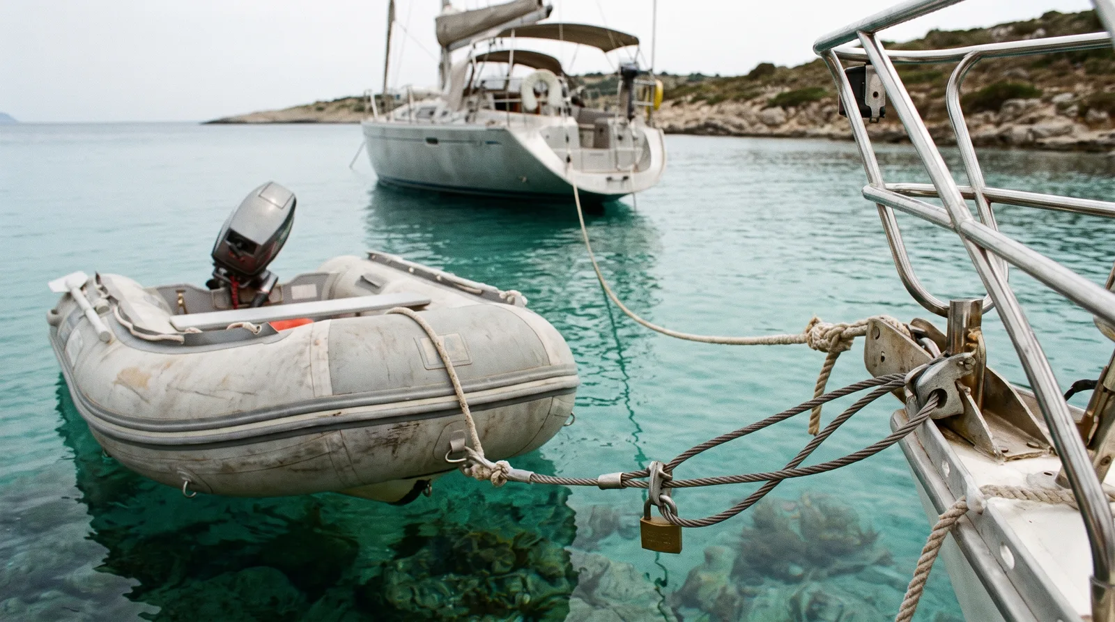 Una neumática gris con fueraborda sujeta con cabo y cable de acero con candado a la popa de un velero en una cala rocosa