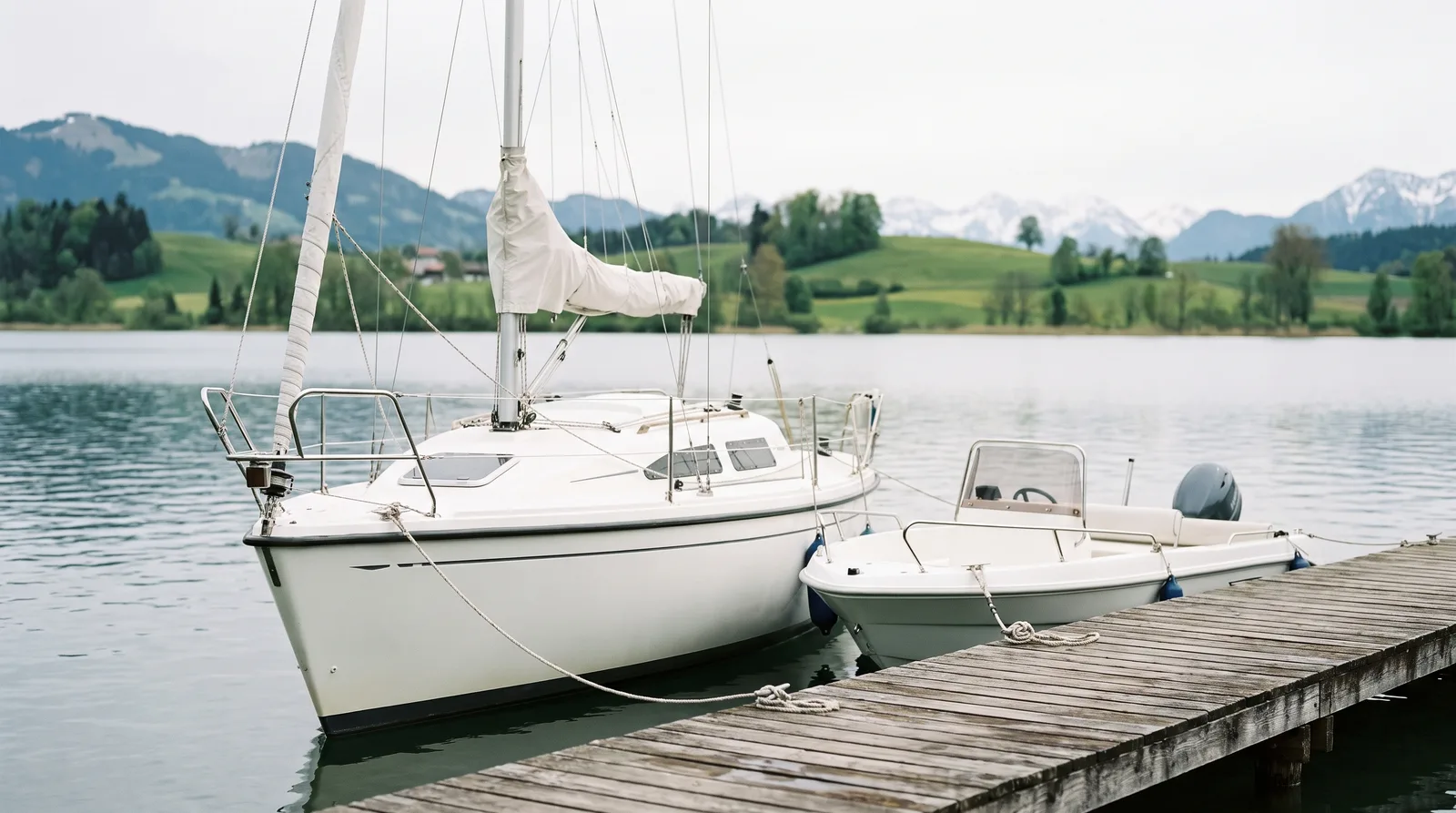 Velero cuidado y pequeña lancha amarrados a un pantalán de madera en un gran lago con colinas verdes y los Alpes al fondo