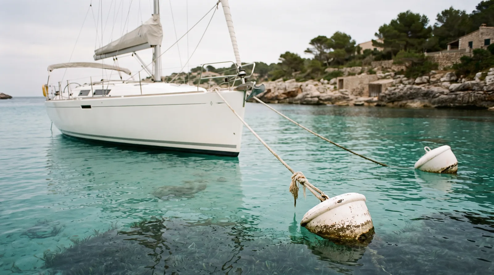Velero amarrado a una boya blanca en una cala turquesa con arena y manchas oscuras de posidonia, al fondo costa rocosa con pinos