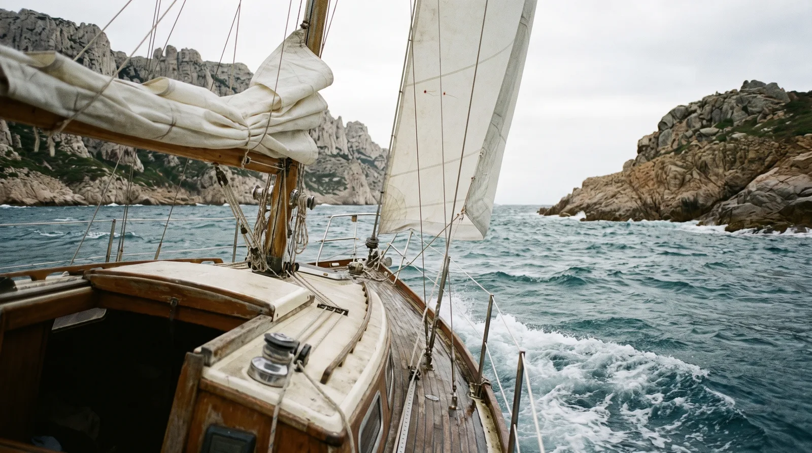 Velero clásico de madera bien cuidado con el foque rizado cruza con viento fuerte un estrecho entre acantilados calizos y rocas de granito