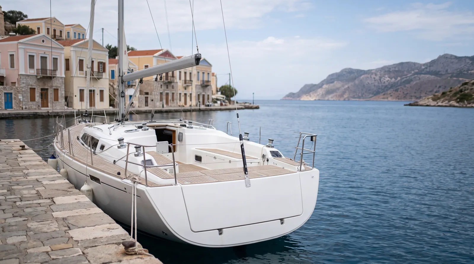 Velero bien cuidado amarrado al muelle de piedra de un pequeño puerto griego con casas de colores pastel y una costa montañosa enfrente