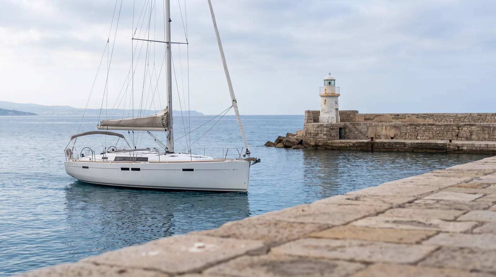 Velero blanco bien cuidado con el génova enrollado pasando junto a un espigón de puerto con un pequeño faro blanco