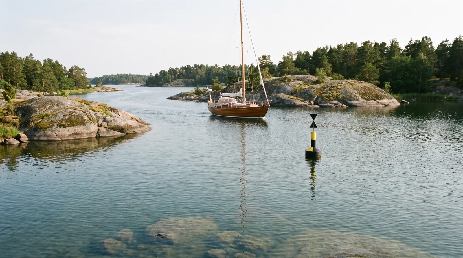Velero de madera en un paso estrecho entre islas de granito liso con pinos, una marca cardinal y piedras bajo el agua delante