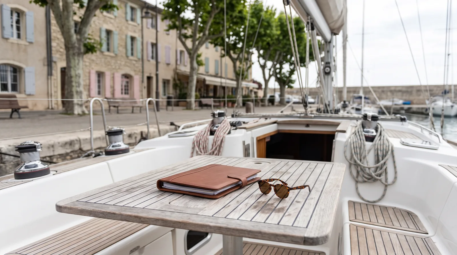 Bañera de un velero con una carpeta de cuero y unas gafas de sol sobre la mesa de teca, al fondo un muelle del sur de Francia con plátanos