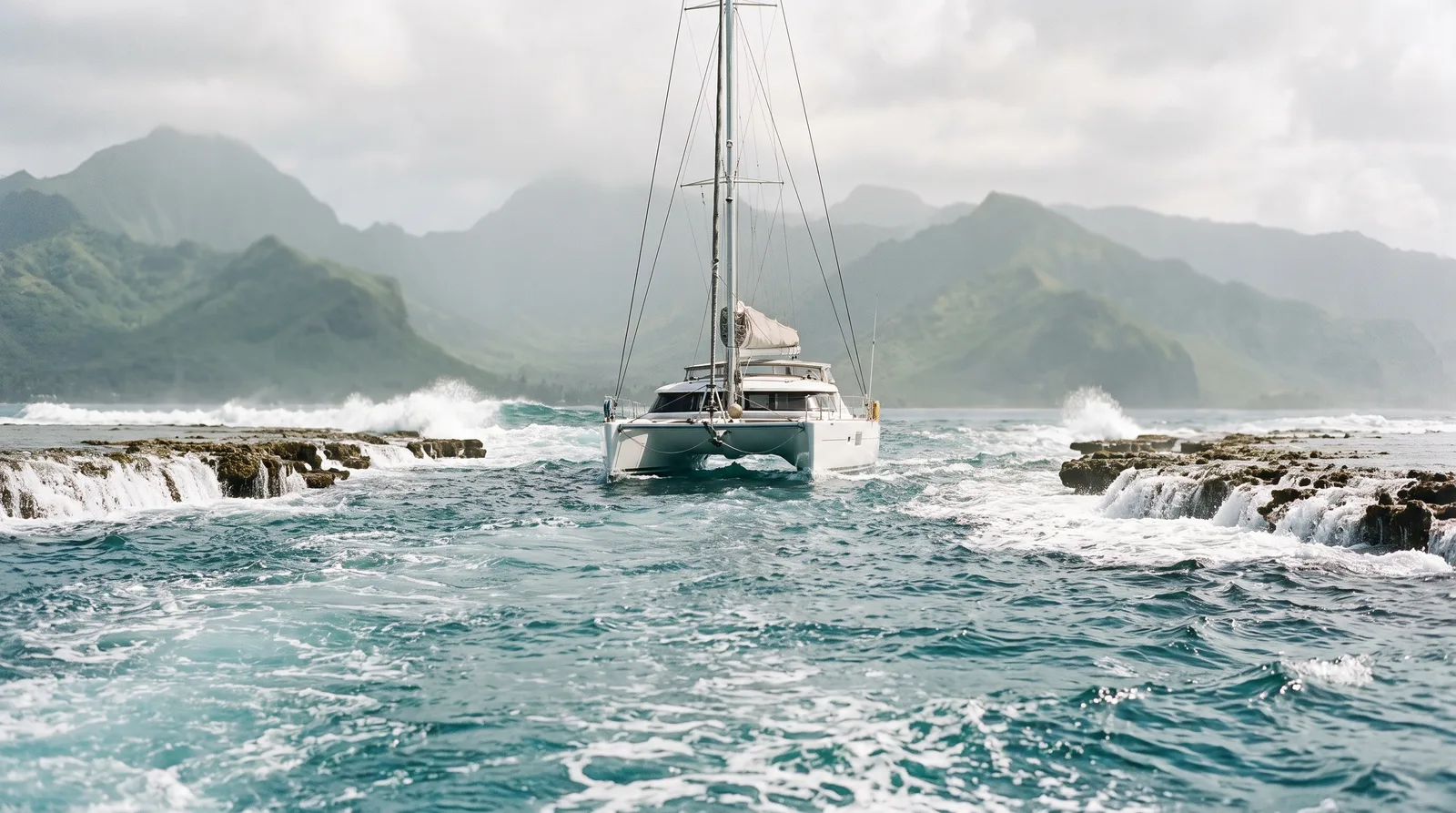 Catamarán de vela bien cuidado cruzando un paso estrecho del arrecife hacia una laguna turquesa con rompientes a ambos lados