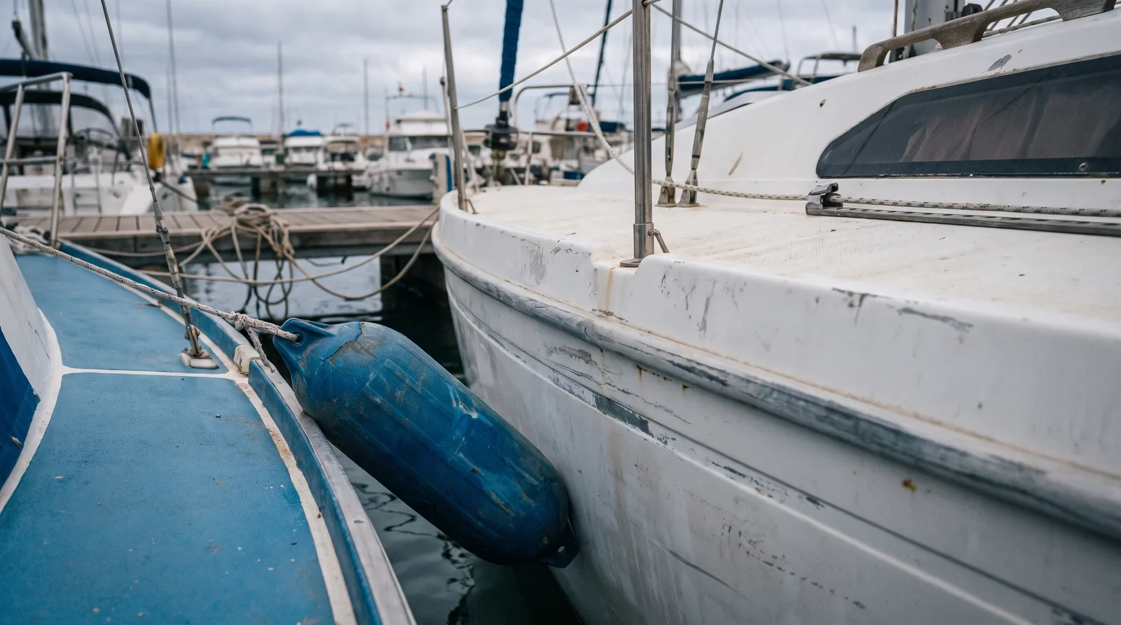 Una defensa azul aprisionada entre dos barcos en un puerto deportivo, con rozaduras en el gelcoat del casco vecino