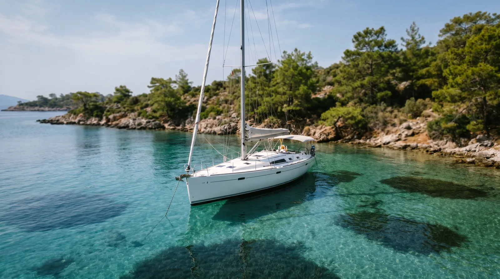 Velero blanco fondeado en una cala turquesa tranquila rodeada de pinos, con manchas de arena clara y pradera oscura en el fondo