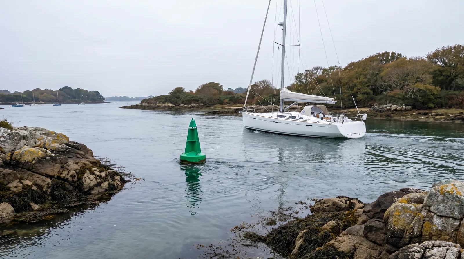 Velero blanco a motor en un canal estrecho de marea con remolinos junto a una boya verde, entre islas boscosas