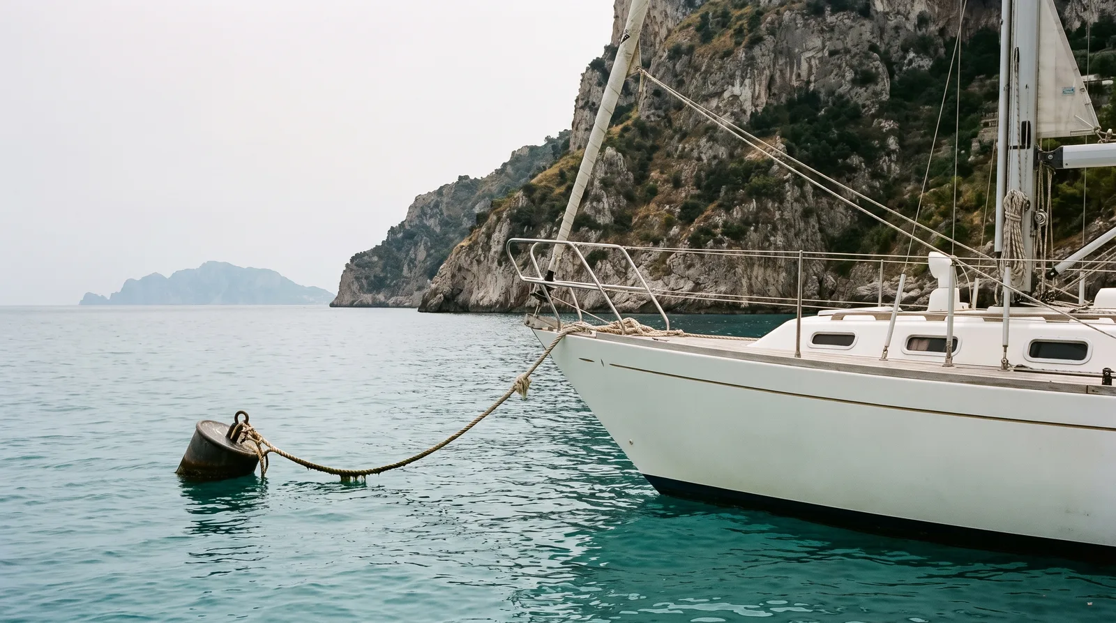 Velero amarrado a una boya bajo los acantilados de la península de Sorrento con Capri en la bruma