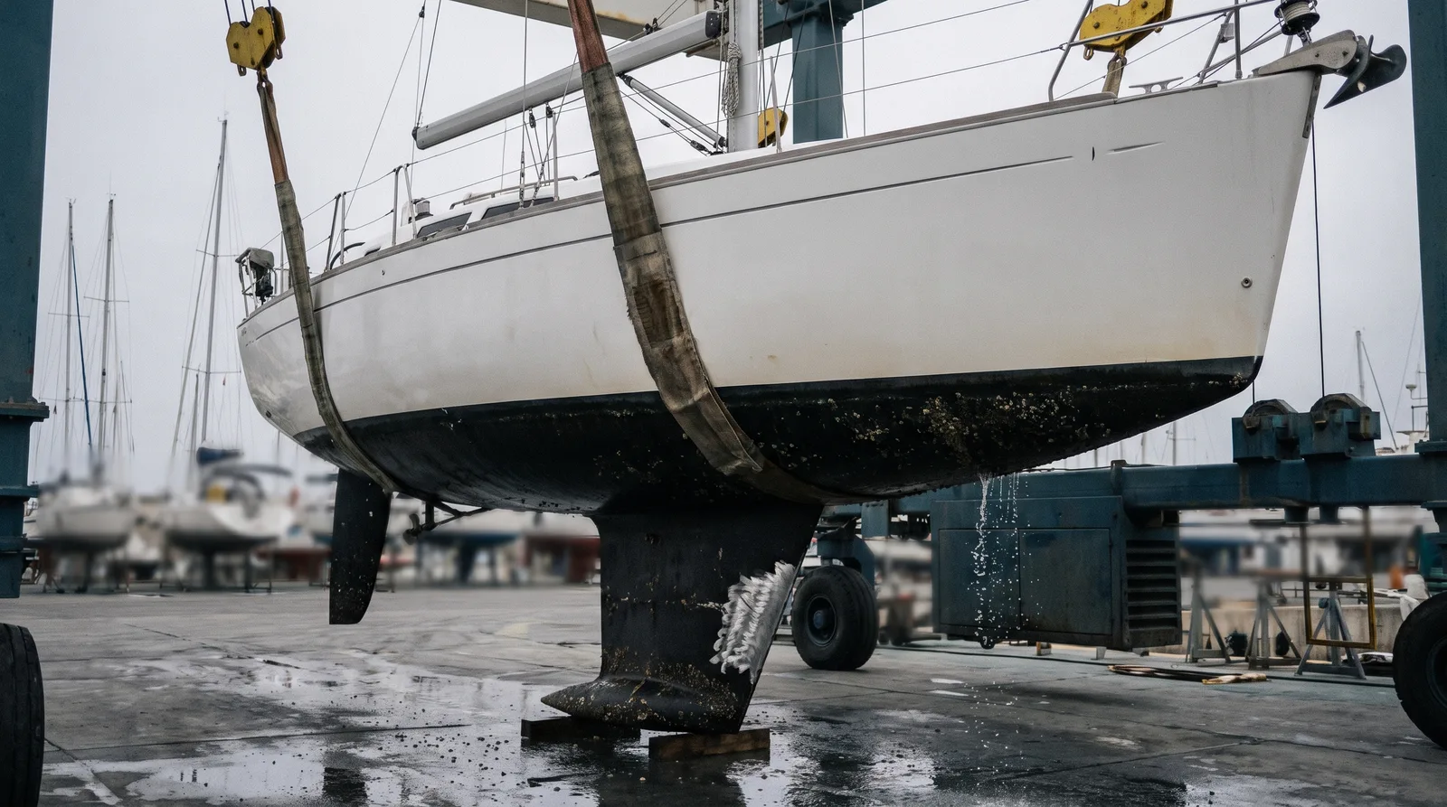 Un velero blanco colgado de las eslingas de un travel lift, con arañazos recientes en la quilla y agua goteando sobre el hormigón