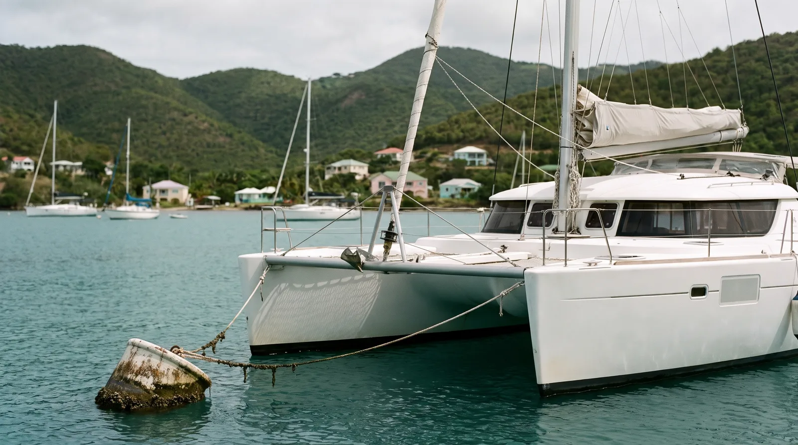 Catamarán de vela blanco amarrado a una boya en una bahía caribeña tranquila, detrás colinas verdes con casitas de colores y otros barcos