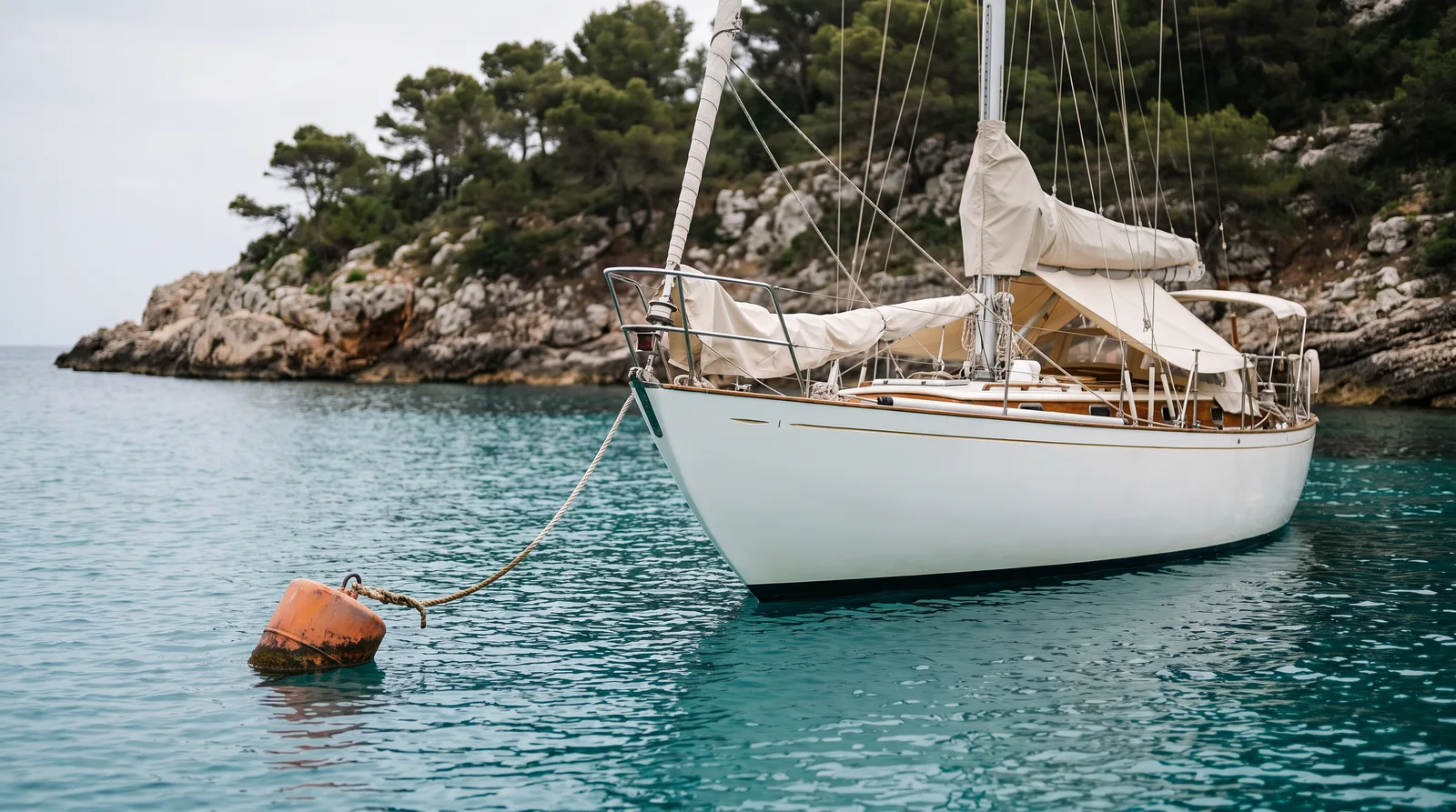 Velero amarrado a una boya en una cala de agua clara junto a una costa rocosa con pinos