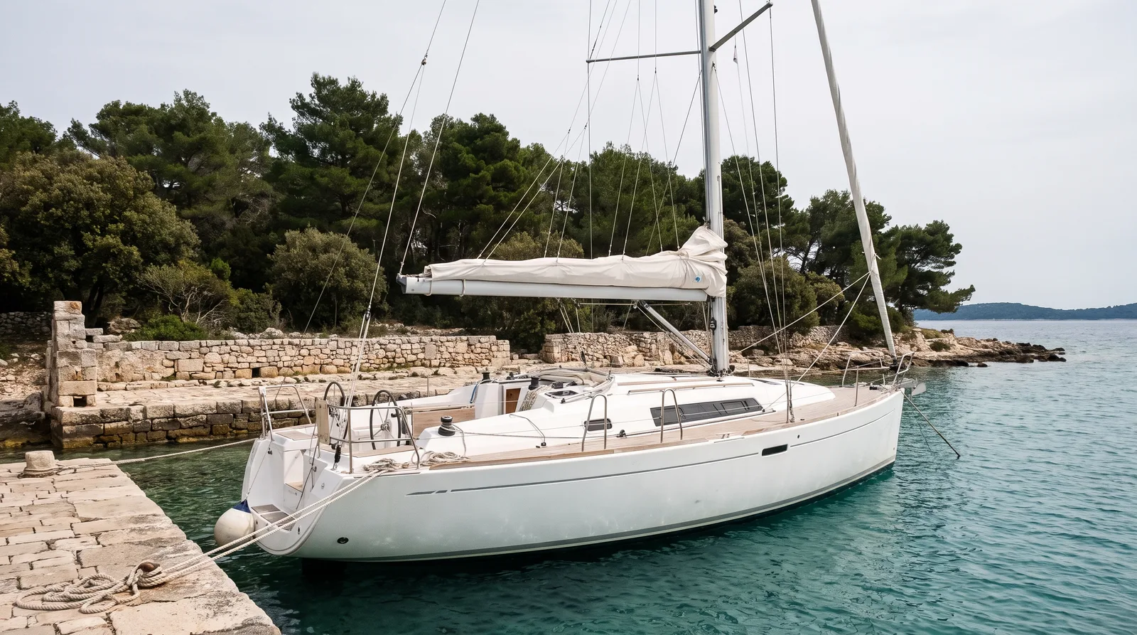 Velero blanco amarrado a un viejo muelle de piedra de una isla boscosa de Istria con agua turquesa