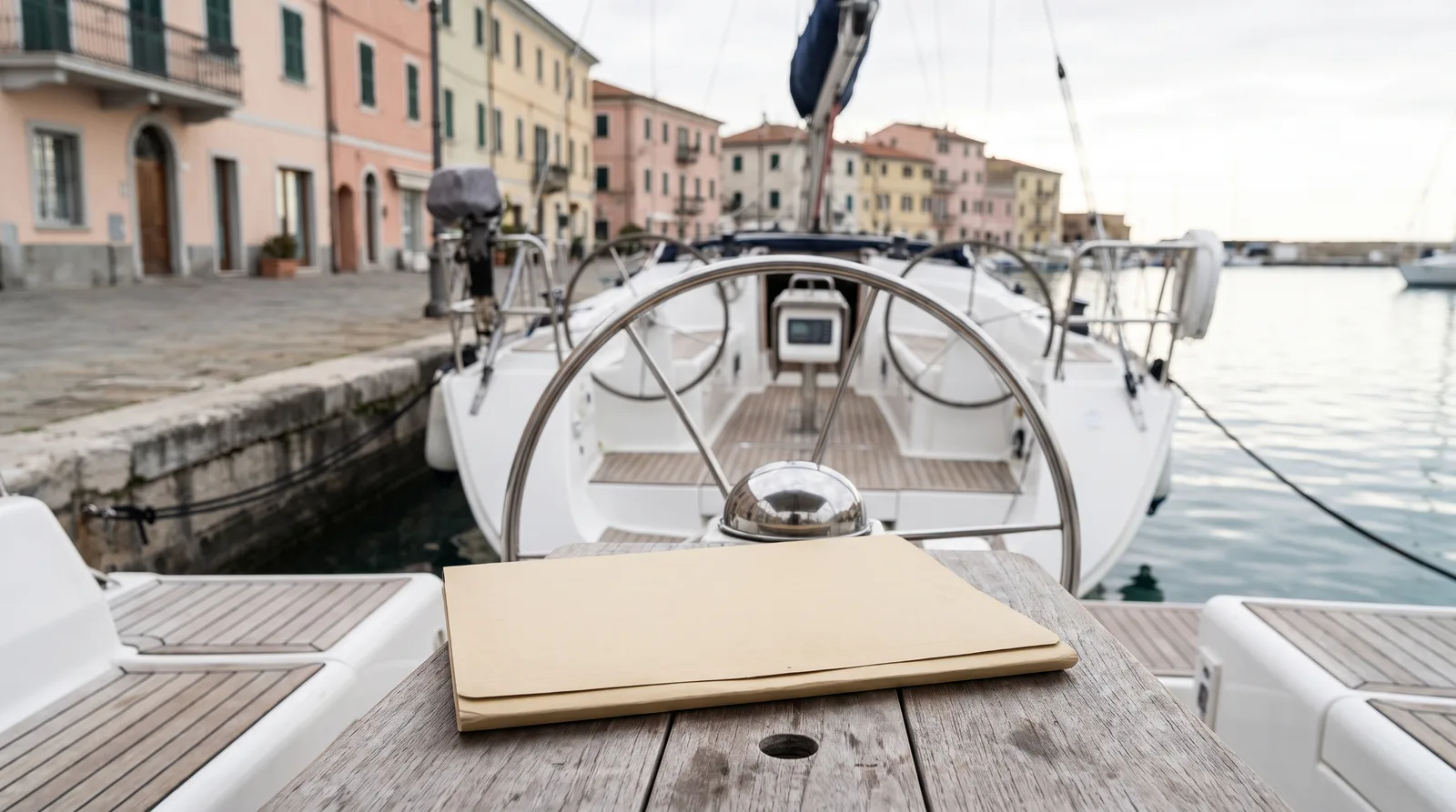 Bañera de un velero con la rueda del timón y una carpeta cerrada sobre la mesa, al fondo casas de colores pastel en un muelle italiano