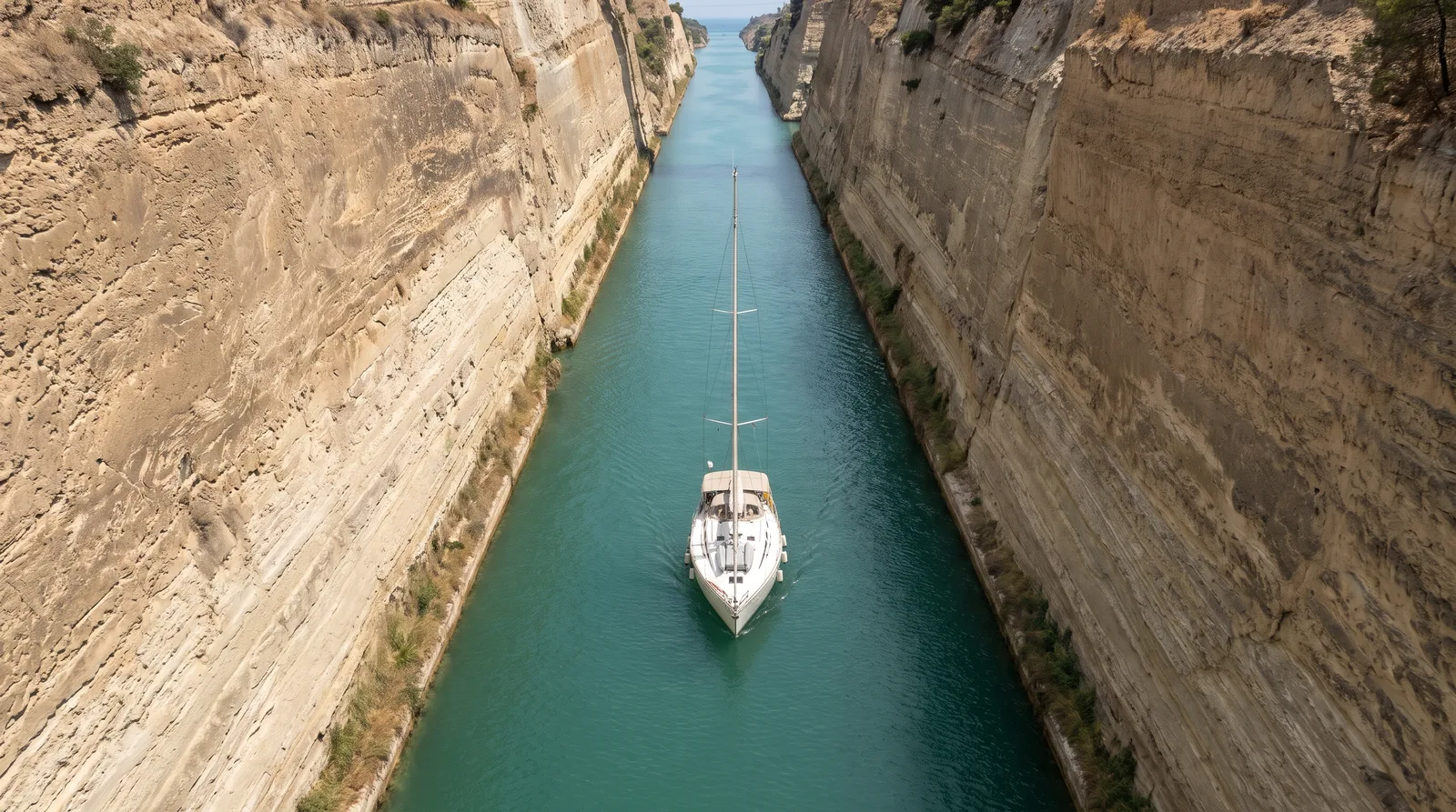 Velero blanco a motor en un canal recto y estrecho entre paredes verticales de arenisca clara, visto desde arriba