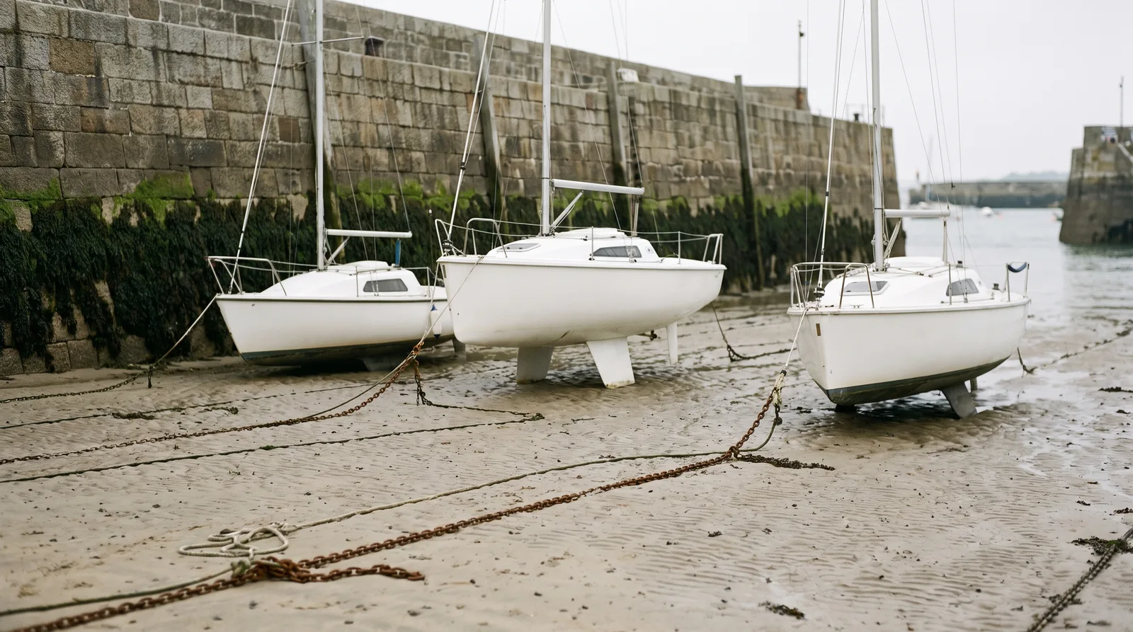 Veleros varados en bajamar sobre el fondo seco de un puerto de marea bajo un alto muro de granito