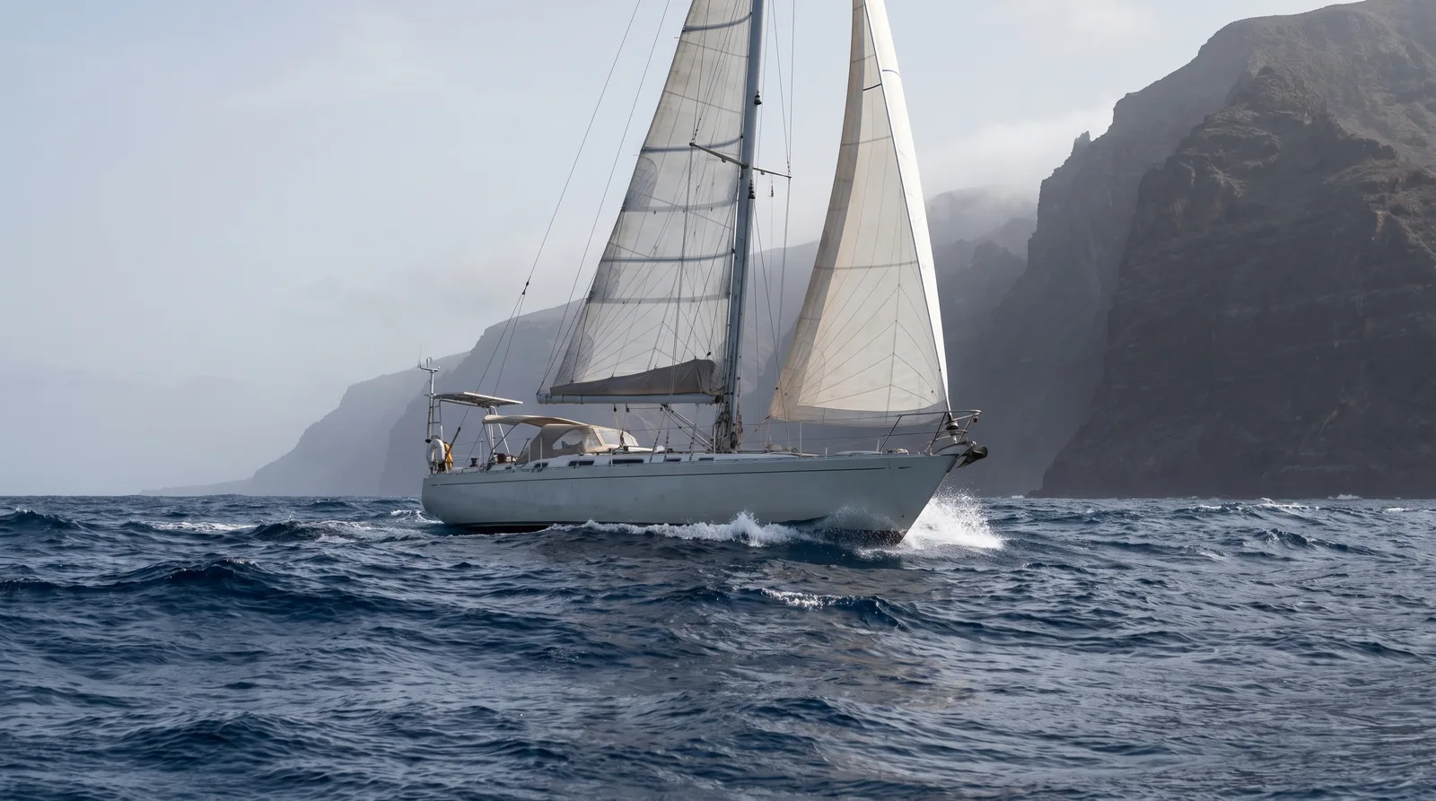 Velero con mayor y génova en una mar atlántica azul profundo frente a los acantilados oscuros de una isla canaria