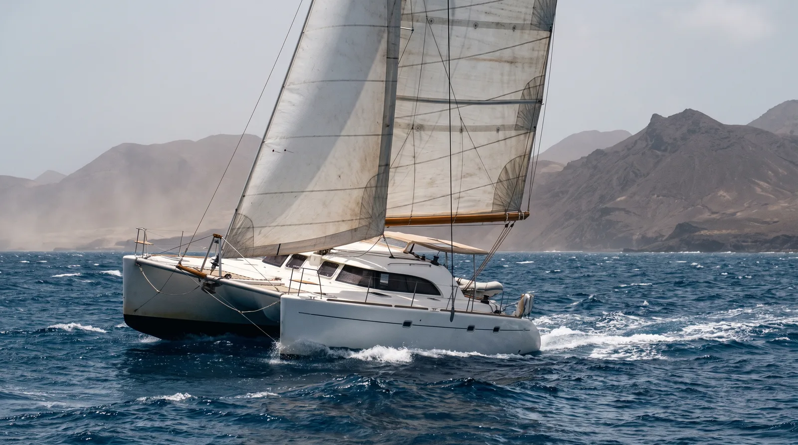 Catamarán de vela con alisio fresco en el Atlántico azul frente a montañas volcánicas áridas