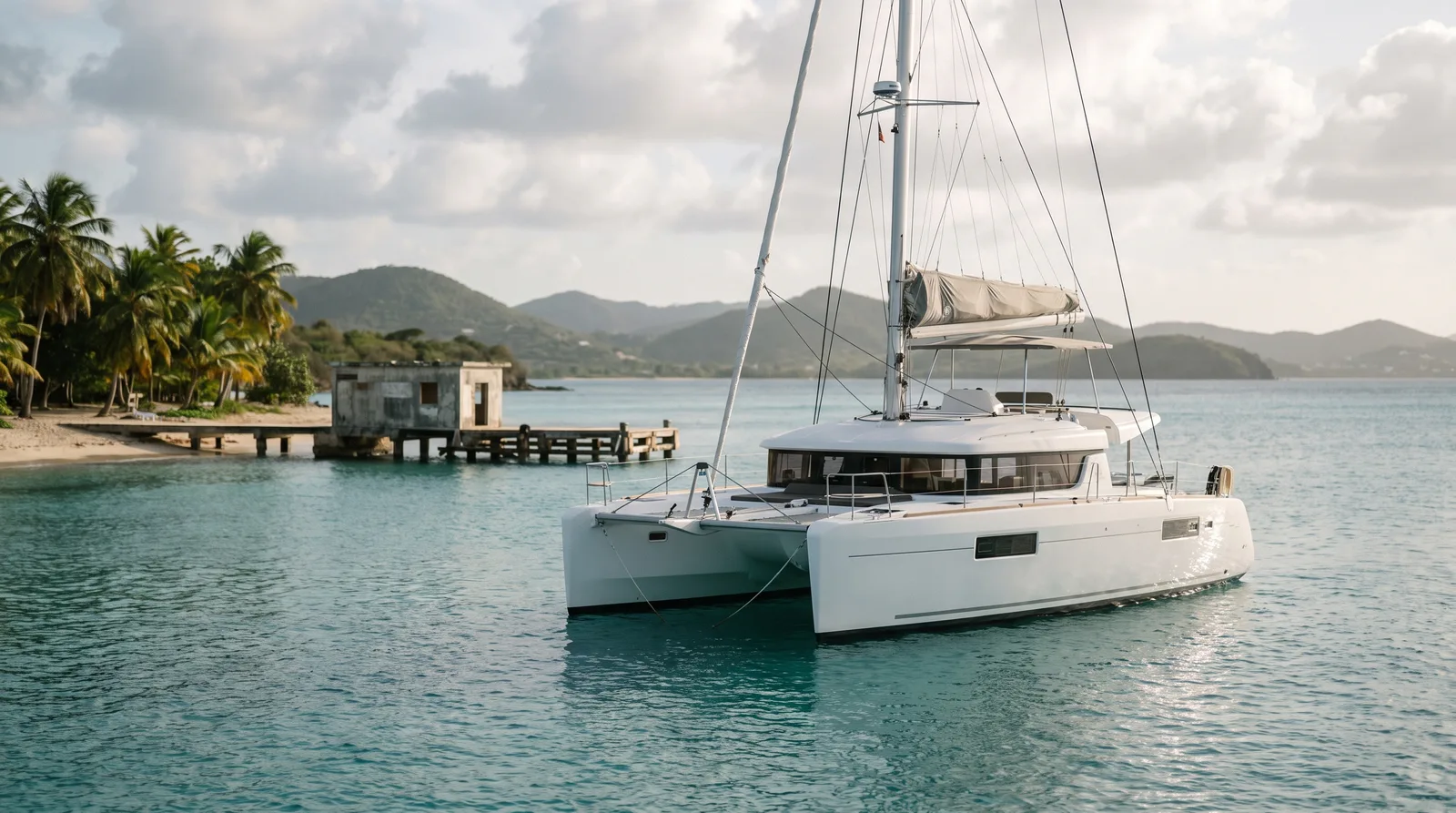 Catamarán de vela bien cuidado fondeado en una bahía turquesa del Caribe, con playa de palmeras, colinas verdes y un sencillo muelle de madera