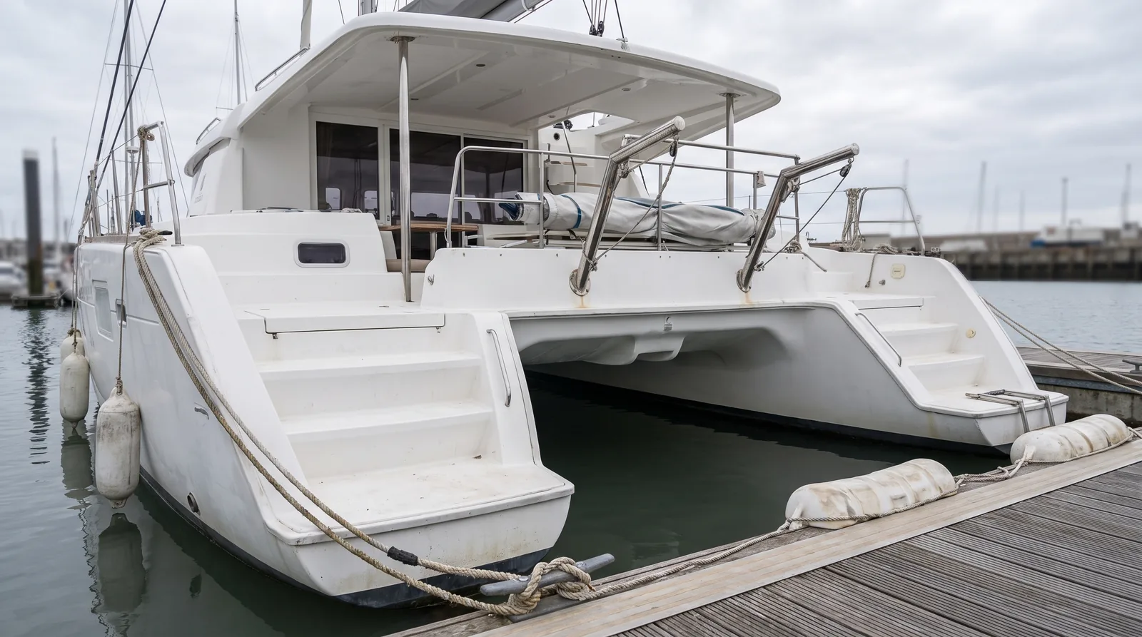 Catamarán de chárter blanco atracado de popa al pantalán, con los dos espejos y las plataformas de baño a la vista