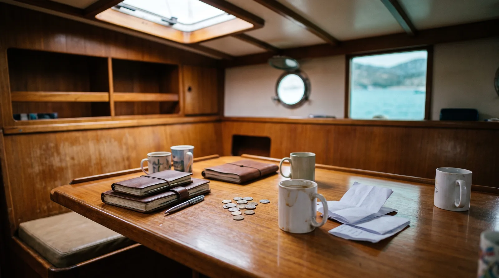 Mesa del salón de un velero de chárter con monedas, billetes, un cuaderno y varias tazas de café, por la ventana una cala tranquila