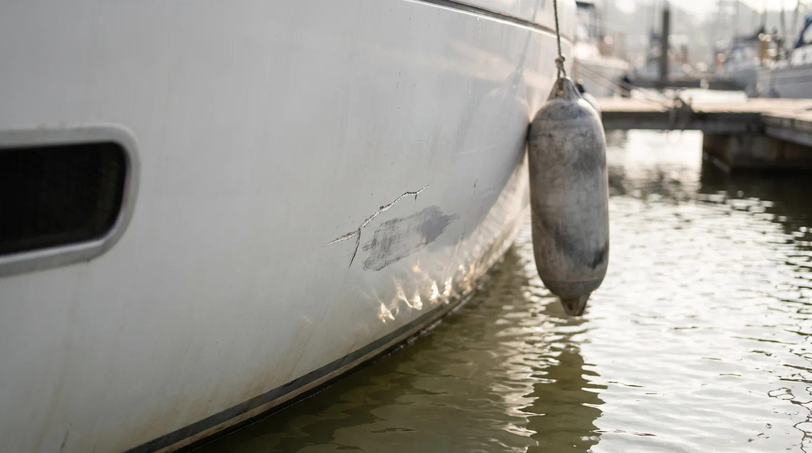 Un pequeño arañazo en el casco blanco de un velero justo encima de la línea de flotación, con una defensa al lado