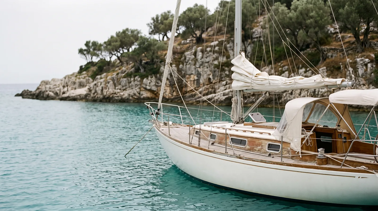 Velero fondeado en una cala turquesa bajo rocas y olivos